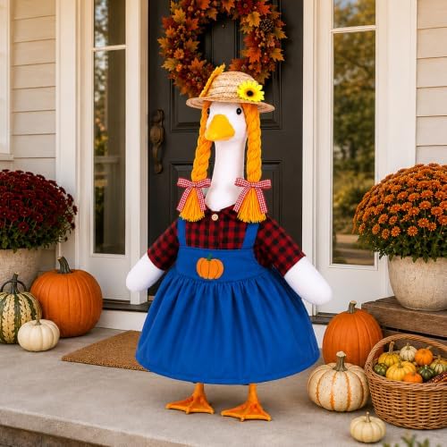 Fall Porch Goose Outfits Pumpkin Dress for 23" Plastic Cement Porch Goose Statue for Harvest Autumn Girl Outdoor Garden Patio Yard Lawn Art Decoration - Image 4
