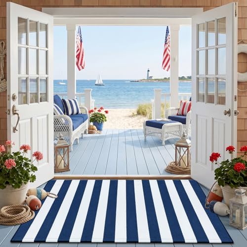 Duraaamo Nautical Navy White Stripe Rug 3' X 5' for Larger Doorway Decor - Image 5