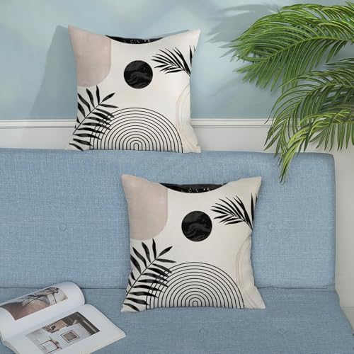 Boho Pillow Covers 18x18 Set of 2 Mid Century Black Beige Tropical Leaf Throw Pillow Covers Outdoor Modern Abstract Decorative Pillow Cases Farmhouse Linen Cushion Case Decor for Couch Sofa - Image 4