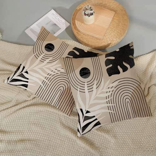 Boho Pillow Covers 16x16 Set of 2 Mid Century Black Beige Tropical Leaf Throw Pillow Covers Outdoor Decor Modern Abstract Decorative Pillow Cases Farmhouse Linen Cushion Case for Couch Sofa - Image 6