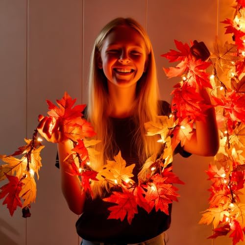 Fall Decor Fall Garland with Lights 9Ft Large Leaves Halloween Decorations - Image 3
