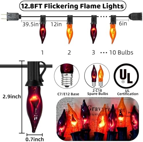 Halloween Decorations Indoor Outdoor - Flickering Flame String Lights Orange and Purple Halloween Lights, 12.8Ft C18 Retro Twinkle Flame String Lights with 12 Flame Light Bulbs (2 Spare E12 Bulbs) - Image 4