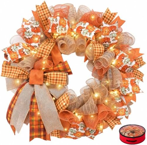 24 Inch Fall Wreaths for Front Door, Pumpkin Wreath by Presentastic