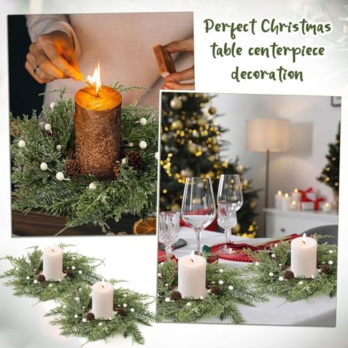 18 PCS Christmas Wreath Christmas Kitchen Cabinet Wreaths with Burlap Ribbon Mini Wreath Pine Garland Frosted Cedar Pine Cone Hanging Garlands Candle Rings for Front Door Window Chair Wall - Image 5