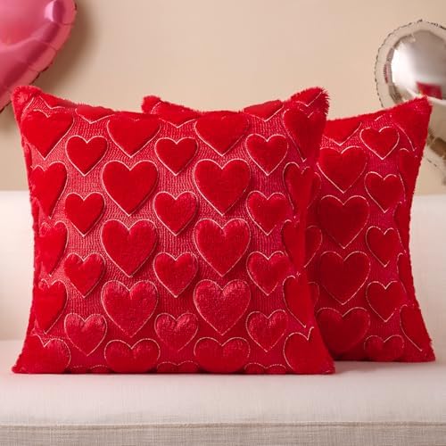 Softalker Red Heart Pillow Covers 18 x 18 Inch Set of 2, Mother's Day Decorative Soft Faux Fur Cushion Covers, 3D Embroidered Pillow Cases for Spring Summer Home Decor by Softalker