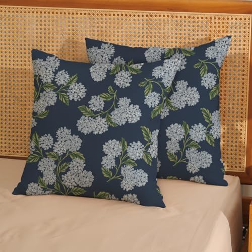 Navy Blue Spring Pillow Covers 22x22 Inch 2 Pcs Blue Green Hydrangea Flower Decor Throw Pillows Vintage Floral Seasonal Summer Outdoor Decoration Pillowcase Linen Cushion Cover for Couch Sofa - Image 2