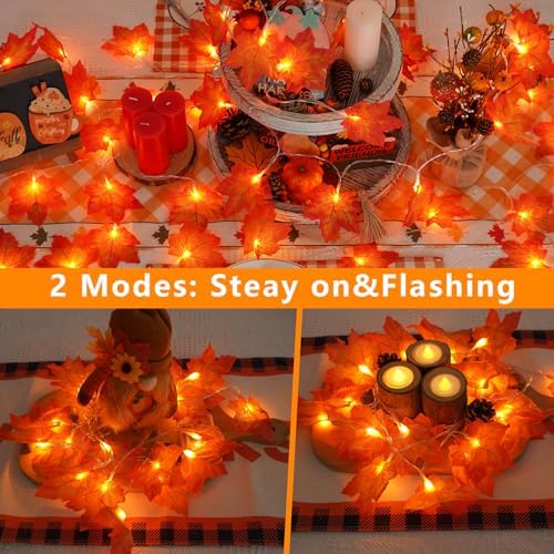 YEGUO 6 PCS Thanksgiving Decorations for Home, Fall Lights Battery Operated, Total 60ft 120 LED Lighted Fall Garland Maple Leaves for Halloween Holiday Autumn Harvest Fall Thanksgiving Decor - Image 4