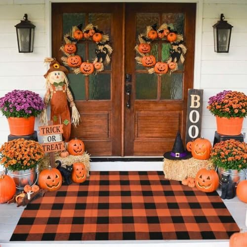 SEEKSEE Halloween Decor Buffalo Plaid Rug 4' x 6' Orange and Black Large Front Door Mat, Layering Area Rug, Halloween Rug for Outdoor Patio Entryway Indoor Living Room Kitchen Dining Room Decor by SEEKSEE