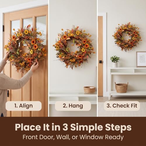 JINGHONG 24 Inch Fall Wreaths for Front Door, Artificial Autumn Wreath with Sunflowers, Berries and Leaves, Thanksgiving Harvest Wreath for Porch Wall Window Fireplace Farmhouse Home Decor - Image 6