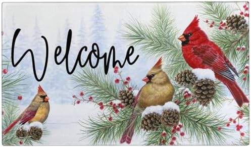 Winter Door Mat Outdoor for Front Door,Cardinal Pine Twigs Berry Merry Christmas Welcome Doormat,Xmas Holiday Floor Rugs for Indoor Porch Entrance Farmhouse Decor 30" x 17" by Xsinufn