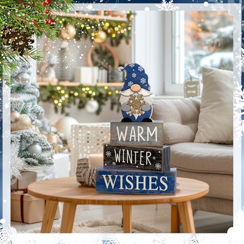 Lineshading 4 Pcs Winter Gnome Wooden Sign Blue Tiered Tray Decor Farmhouse - Image 4