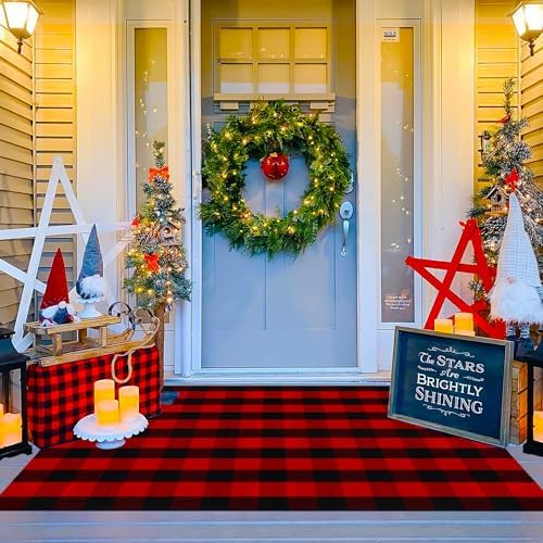 Ckorzen Red and Black Plaid Rug, 4' x 6' Christmas Halloween Outdoor Front Door Decor Mat, Cotton Hand-Woven Washable Rug for Layered Door Mats Carpet for Porch, Entryway by Ckorzen