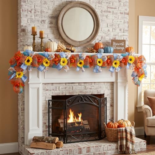 Fall Garland for Mantle 6FT Pumpkin Sunflower Mesh Autumn Decor - Image 5