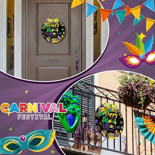 Moucuny Happy Mardi Gras Door Hanger Mardi Gras Wreaths Decorations for Front Door Sign Purple Carnival Wood Hanger with Bows Mask Outdoor Porch Hanging Decorations for Masquerade Party - Image 5
