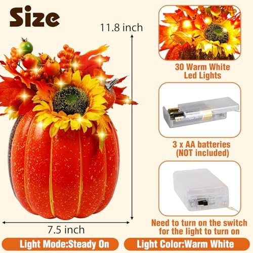 MorTime 11 Inch Thanksgiving Lighted Pumpkin Decor, Thanksgiving Decorations Artificial Pumpkin with 30 LED Lights 9 Maple Leaves 2 Pumpkins 2 Berry Stems Sunflower Straw, Autumn Home Decorations - Image 2