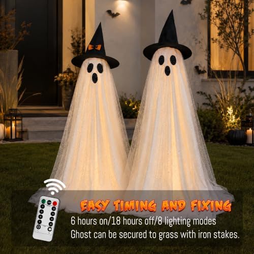 2Packs Halloween Decorations Outdoor,Halloweens Party Decoration Indoor,Spooky Ghost with Remote Control String Lights,Halloween-Ghost Lights for Porches Yards Gardens Lawn - Image 4