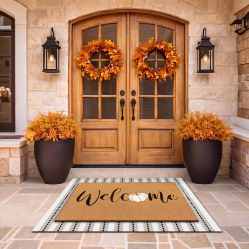 Drydiet 2 Pcs Fall Layered Doormat, Blue White Pumpkin Welcome Rug - Image 4