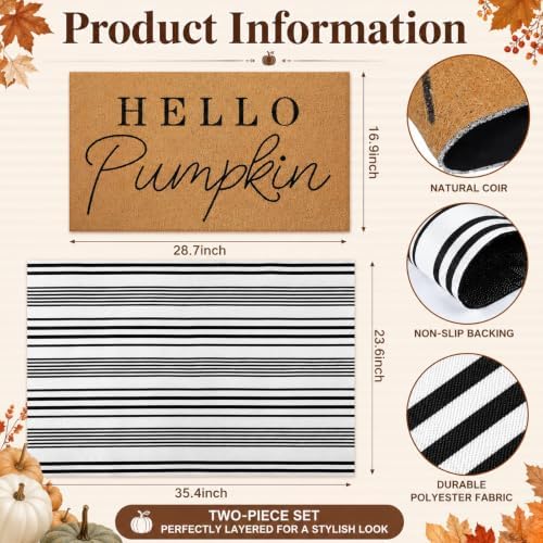 Tinideya 2 Pcs Hello Pumpkin Layered Doormat Set with Stripe Rug - Image 2
