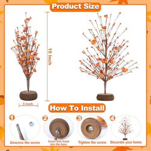 2 Pack Fall Decor Artificial Tree with Orange Pumpkins and Berries 15 Inch - Image 4