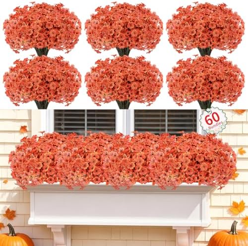 Powbrace 60 Pack Artificial Fall Flowers Mums for Outdoor Indoor (Orange) by Powbrace