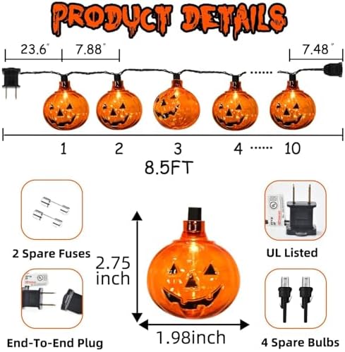PASUTO Halloween Lights Pumpkin String Lights, 8.5 Feet Clear Orange Pumpkin Lights with 10Pcs Pumpkin Lantern Light, for Halloween Indoor Outdoor Party Yard Home Decor (Orange LED Bulb) - Image 3