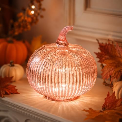 Rose Gold Glass Pumpkin Light with 2 Lighting Modes and 6-Hour Timer, 5.5 x 6 Inch Battery Operated Mercury Glass Pumpkin Decor for Fall, Thanksgiving and Holiday Table Centerpiece by HvFun
