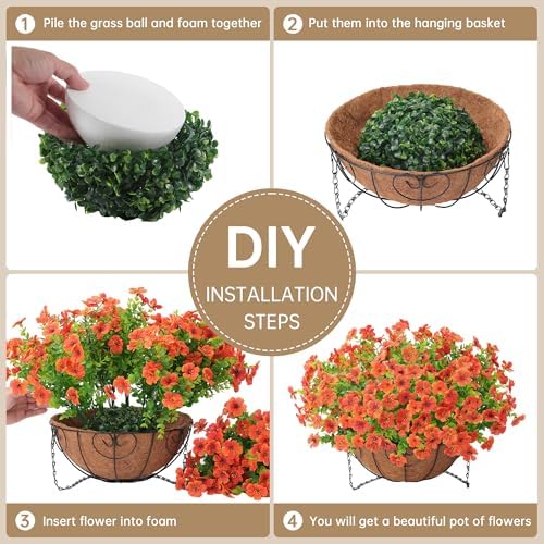 Artificial Fake Hanging Plants Flowers Basket Outdoors Summer Autumn Decor, Hanging Planter with Faux Silk Daisy Flowers Realistic UV Resistant for Outside Home Porch Front Patio Balcony Garden Orange - Image 6