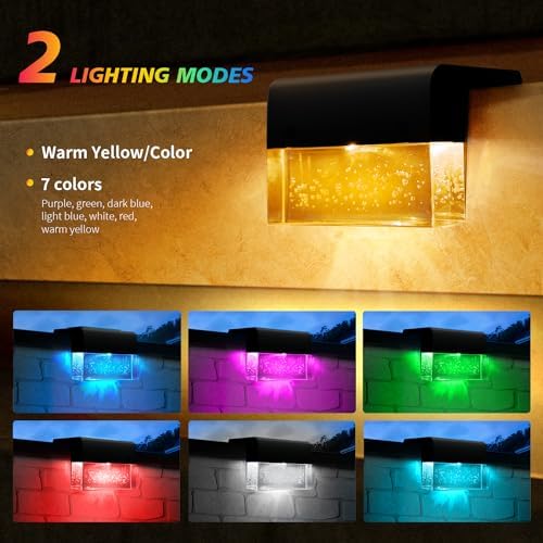 SUNFACE Solar Deck Lights, 8 Pack Solar Fence Lights Outdoor Step Lights Waterproof, Solar Stair Lights with 2 Modes LED, Super Bright Decoration for Patio, Railing, Pool, Yard (Warm White/7Color) - Image 3