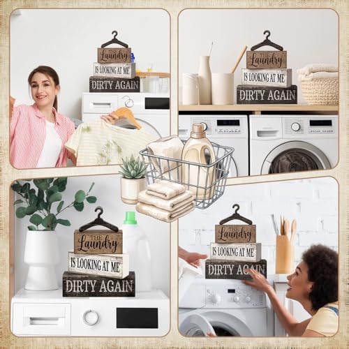 Moucuny 4 Pcs Farmhouse Laundry Room Decor and Accessories Stacked Blocks - Image 5
