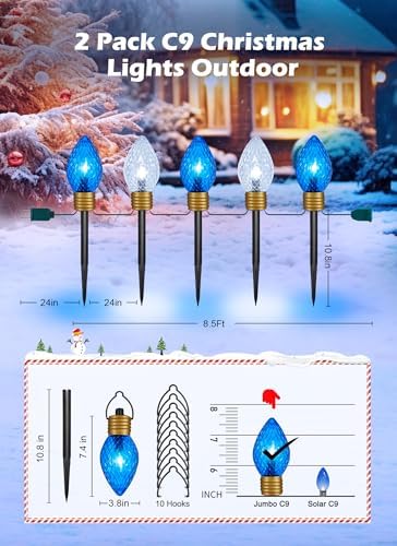 Brightown 2 Pack Jumbo Christmas Pathway Lights Outdoor - 10.5 Feet 5 LED C9 Walkway Light, Covered Jumbo Strawberry Bulb Decorations for Lawn Outside, Blue ＆ White - Image 2
