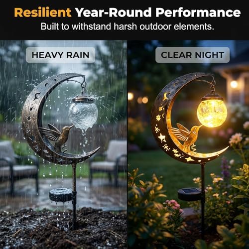 Hummingbird Moon Solar Garden Stake Light,Solar Garden Lights Outdoor Decor,Crackle Glass Fairy Lights,Solar Lights for Garden,Metal Stake Ornament for Patio Lawn Pathway Decor (Hummingbird) - Image 6