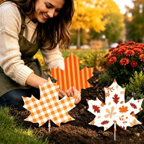 Whaline 12 Pcs Fall Maple Leaf Yard Signs with 24 Pcs Stakes Orange Plaid Striped Maple Leaves Yard Decorations for Autumn Harvest Thanksgiving Party Lawn Garden Pathway Outdoor Decor - Image 5