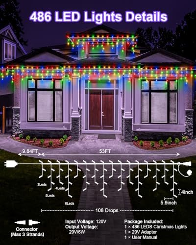 Christmas Lights Outdoor, 53 FT 486 LED Christmas Lights for Outside, Timer & Memory, Plug in 8 Modes Hanging Fairy Lights with 108 Drops for House Eaves Yard Patio Holidays Decorations, Multicolor - Image 6