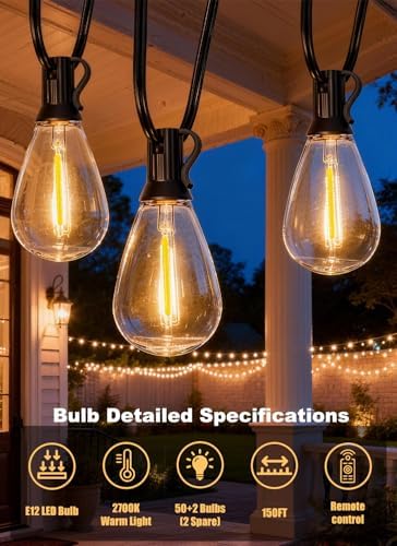 150FT Outdoor String Lights Waterproof, 50+2 Shatterproof S11 LED Bulbs, Extra Long Patio Lights for Outside, Bistro Cafe Decor, Backyard Garden Hanging Lights, Outside Fence Light String - Image 3