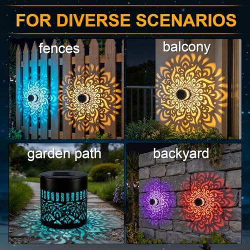 2PCS Seven-Color Changing Solar Mandala Projection Wall Light, Metal Mandala Projection Wall Light, Solar Powered Waterproof Color Changing Light for Yard Art Porch Patio Backyard Decor - Image 2