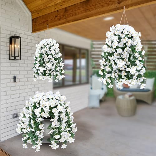 Sggvecsy Artificial Fake Hanging Flowers Plants for Outdoor Outside Spring Summer Decoration 4PCS Faux Silk UV Resistant Realistic Morning Glory Trailing Vines for Home Porch Patio Balcony(White) - Image 6