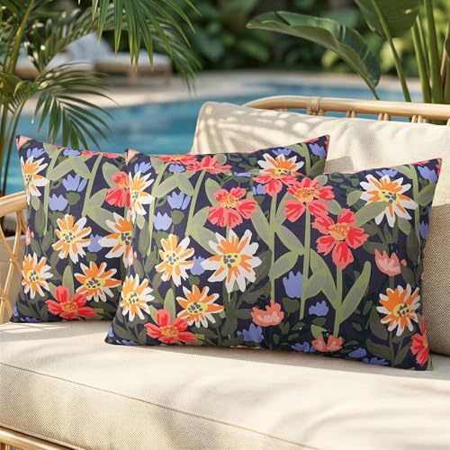 Pyonic Floral Outdoor Lumbar Pillows Covers 12x20 inch Waterproof Spring Summer Decor Outdoor Pillows for Patio Furnture Garden Bench Porch,Black by PyonicThrowPillowCovers