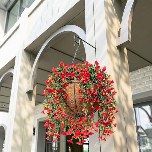 6 Pcs Artificial Hanging Flowers 30 Inch Bright Red Morning Glory Vines UV Resistant Fake Hanging Plants Silk Hanging Flowers for Outdoor Garden Window Box Patriotic Christmas Valentine Decor - Image 4