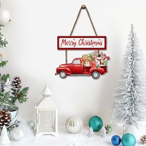 Merry Christmas Sign Wreath for Front Door Decor 12x9in Xtmas WelcomeTruck Sign Christma Hanging Door Decoration Welcome Sign for Home Farmhouse Porch Wall Indoor Outdoor Xmas Holiday - Image 5
