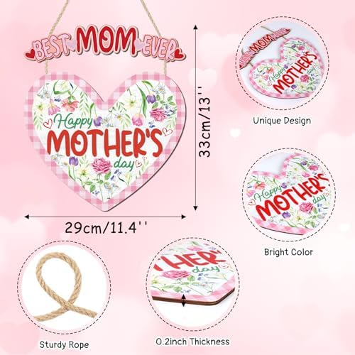 HOURIA Happy Mother's Day Wooden Sign(11.4”x12.5”),Vintage Best Mom Ever Wall Decor,Pink Flower Heart Shaped Door Hanger for Mom Grandma Woman - Image 2