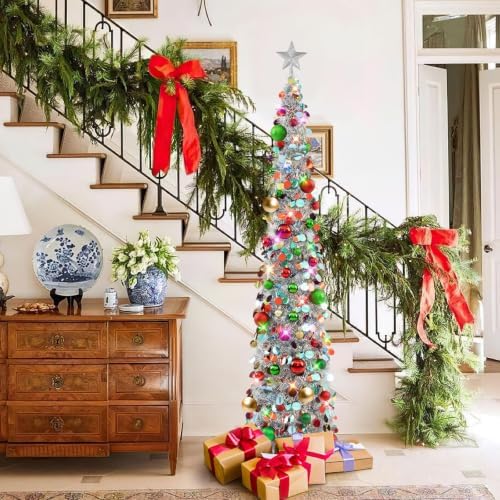 N&T NIETING Pop Up Christmas Tree with Lights, Collapsible Tinsel Xmas Tree Decorations, Pencil Christmas Tree Skinny Tree for Holiday Xmas Home Office Decor, 40 Balls, 6Ft, Silver - Image 5