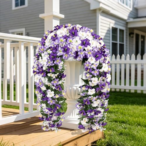 Artificial Hanging Flowers for Outdoors, 2 PCS 272 Blooms UV Resistant Morning Glory Faux Silk Vines, No-Odor Realistic Fake Plants for Garden Planter Porch Patio Decoration, White Purple - Image 2