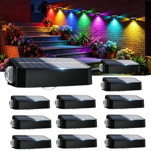 12 Pack Waterproof Solar Fence Lights for Outdoor 12 Modes Warm & Cool White RGB LED Spot Lens 3-Sided Solar Powered Wall Lighting, Decor for Outside Patio Step Backyard Deck Railing Pool by BUNEESolarLights
