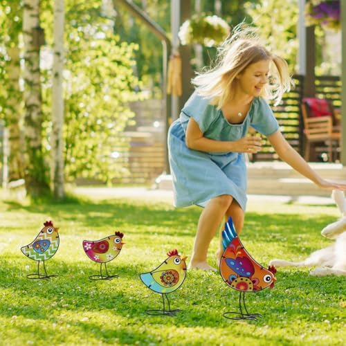 4 Pack Chicken Garden Decor for Outside, Rooster Glass & Metal Yard Art Decoration for Porch Patio, Bird Garden Statues Gifts for Grandma Mom Women (Colorful) - Image 4