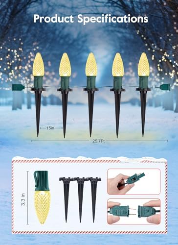 Brightown Strawberry C9 Christmas Pathway Lights Outdoor - 25.7 Feet 20 LED C9 Walkway Light, Connectable C9 Walkway Light, Waterproof Christmas Lights Outdoor Decoration for Lawn Outside, Warm White - Image 3