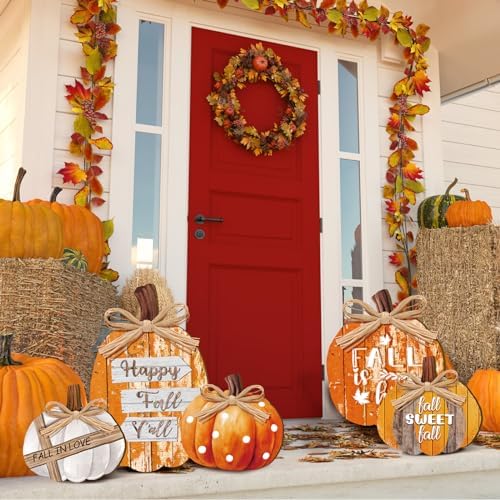 GlikCeil 5 Pcs Fall Pumpkin Signs Happy Fall Outdoor Thanksgiving Decor - Image 4