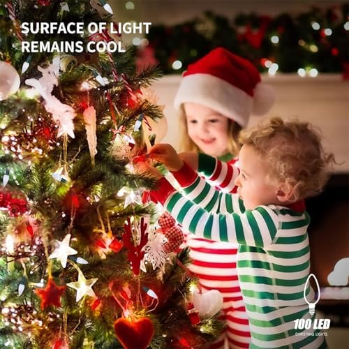 WATERGLIDE C6 Christmas Lights, 100 LED 33ft Faceted Fairy Lights Green Wire String Lights with Safe Adaptor, 8 Lighting Mode, Waterproof for Indoor Outdoor Patio Xmas Tree Party Decor, White & Red - Image 6
