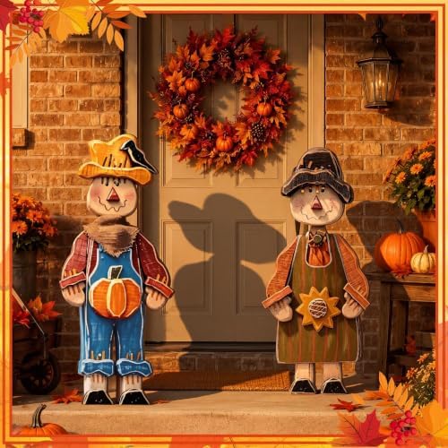 Beeveer 2 Pcs Fall Wooden Scarecrow Standing Porch Sign Outdoor Fall Decor - Image 5