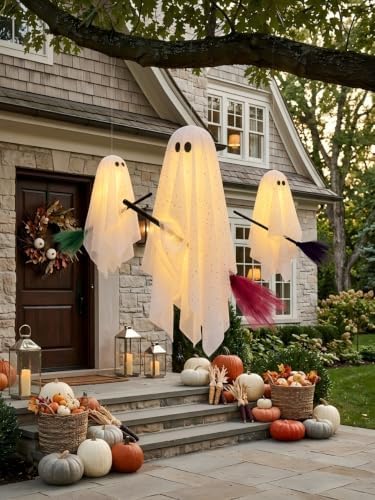 Halloween Decorations Outdoor, 3 Pack Hanging Light Up Ghosts on Brooms - Image 3