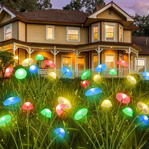 4PK 32LED Solar Garden Lights Outdoor, Mushroom Solar Lights Outdoor, IP65 Waterproof Firefly Light Outside Decor for Patio Pathway, Sway by Wind for Pathway Garden Mushroom Decorations, Multicolor by KAQ